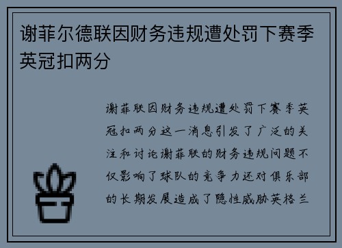 谢菲尔德联因财务违规遭处罚下赛季英冠扣两分